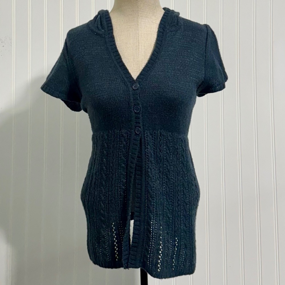It's Our Time Babydoll Cable Knit Sweater L Teal Green Hooded Short Sleeve Y2K